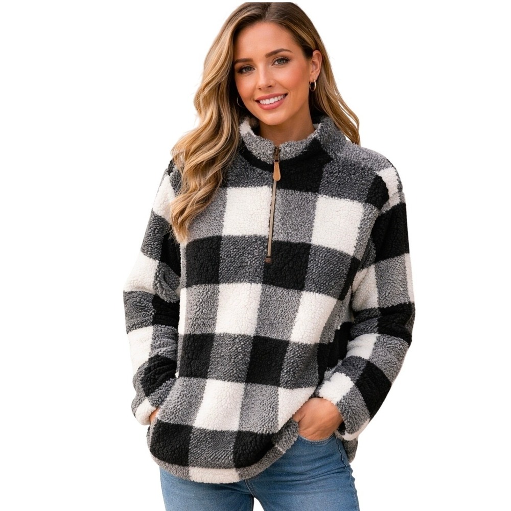 Jess Lea XL Buffalo Plaid Sherpa Pullover 1/4 Zip Black White Cozy Stylish Comfy